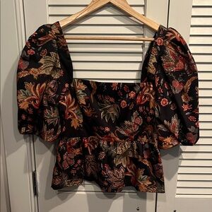 Cara Cara Floral Puff-Sleeve Square Neck Peplum Top - Black Multi